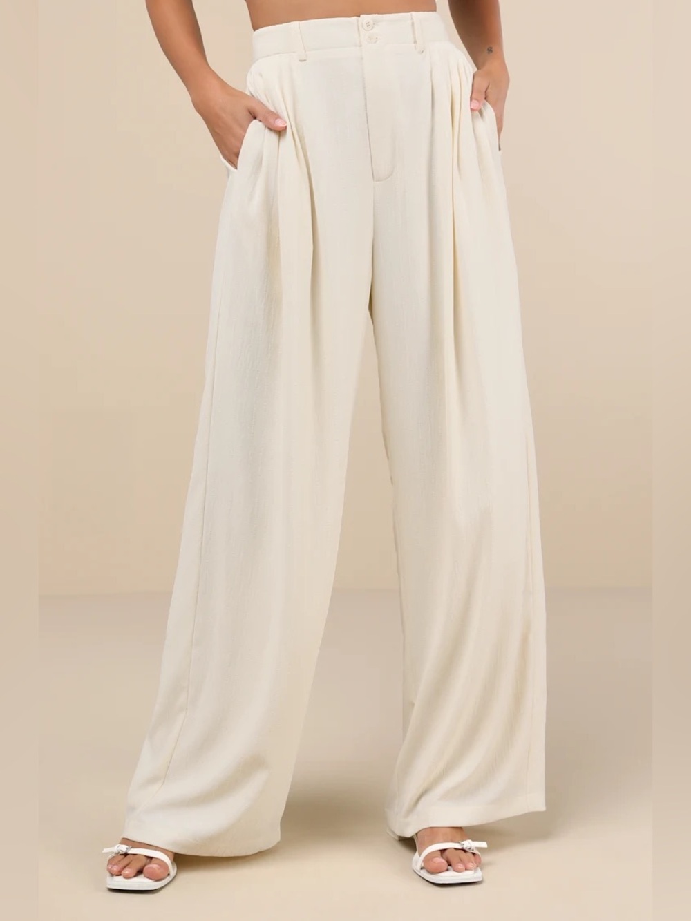Lulus Composed Persona Cream Textured Pleated High-Rise Wide-Leg Pants